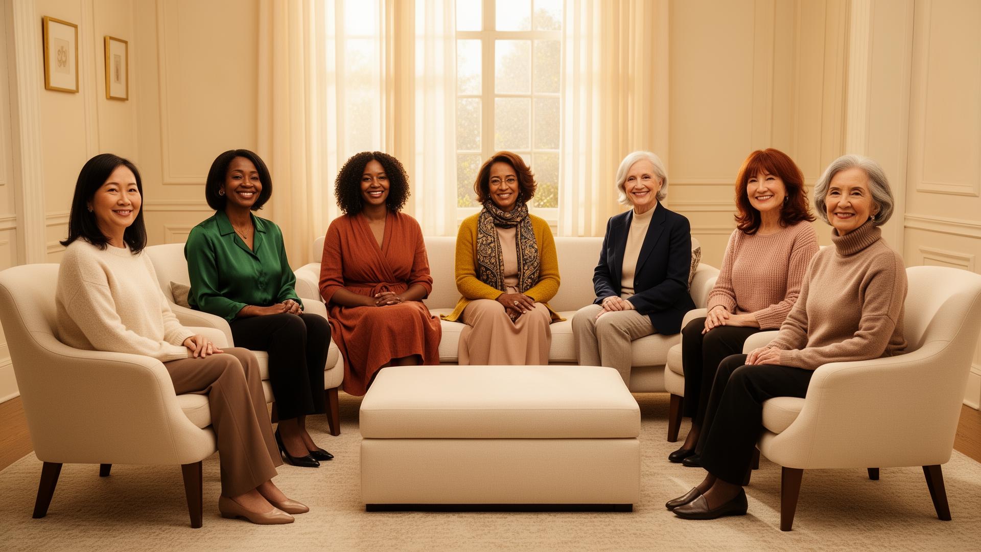 A circle of multi-ethnic women of faith gathered together in a sunlit room