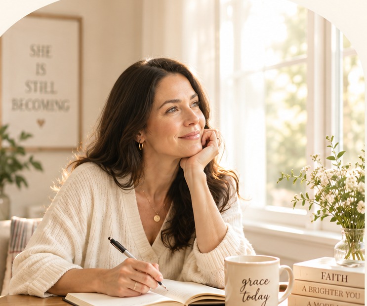 A woman in a cream cardigan seated at a sunlit wooden table, writing in a journal with tea, books, and flowers nearby
